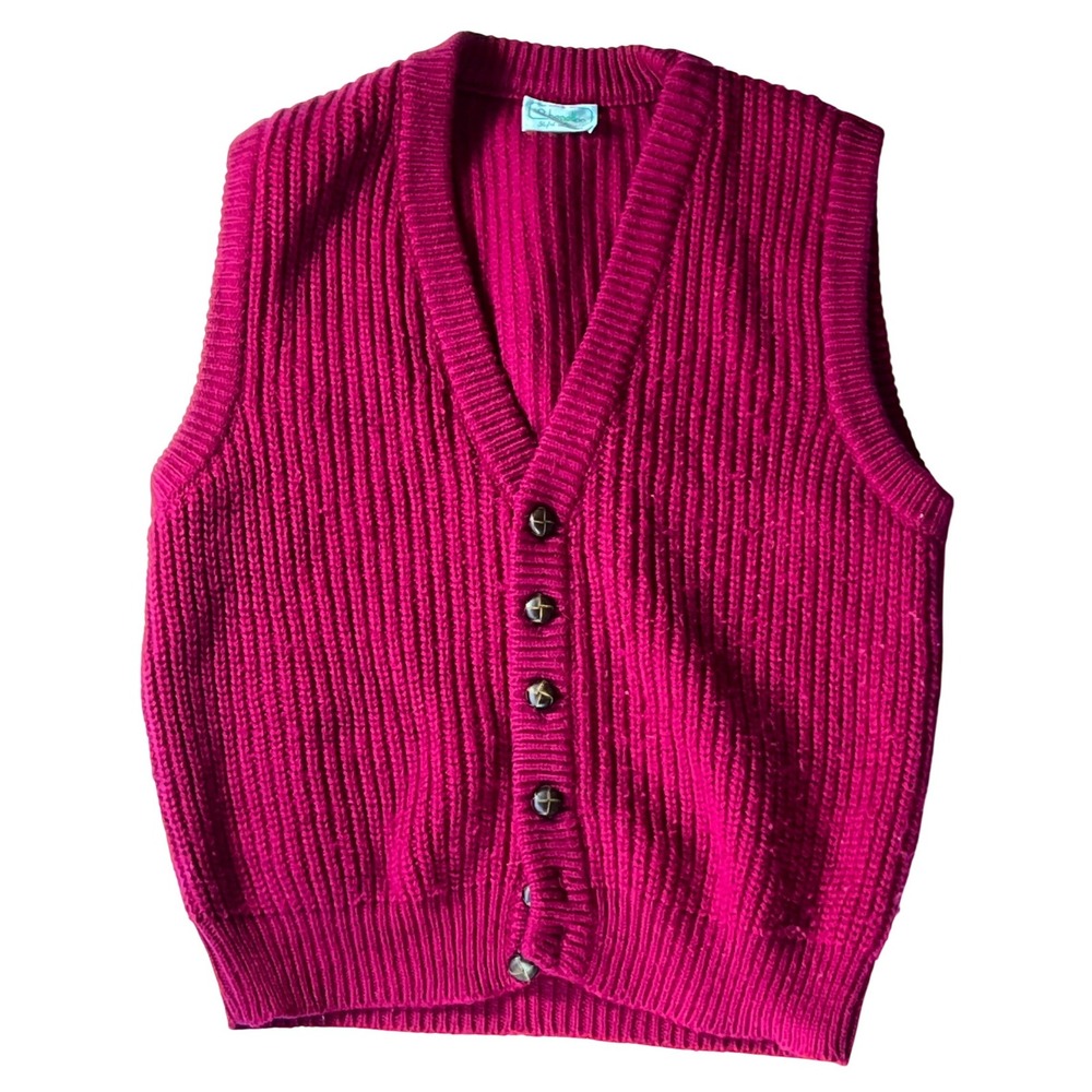 Vintage Benetton Magenta Burgundy Ribbed Knit Cardigan Vest Made in Italy V-Neck - Picture 4 of 6